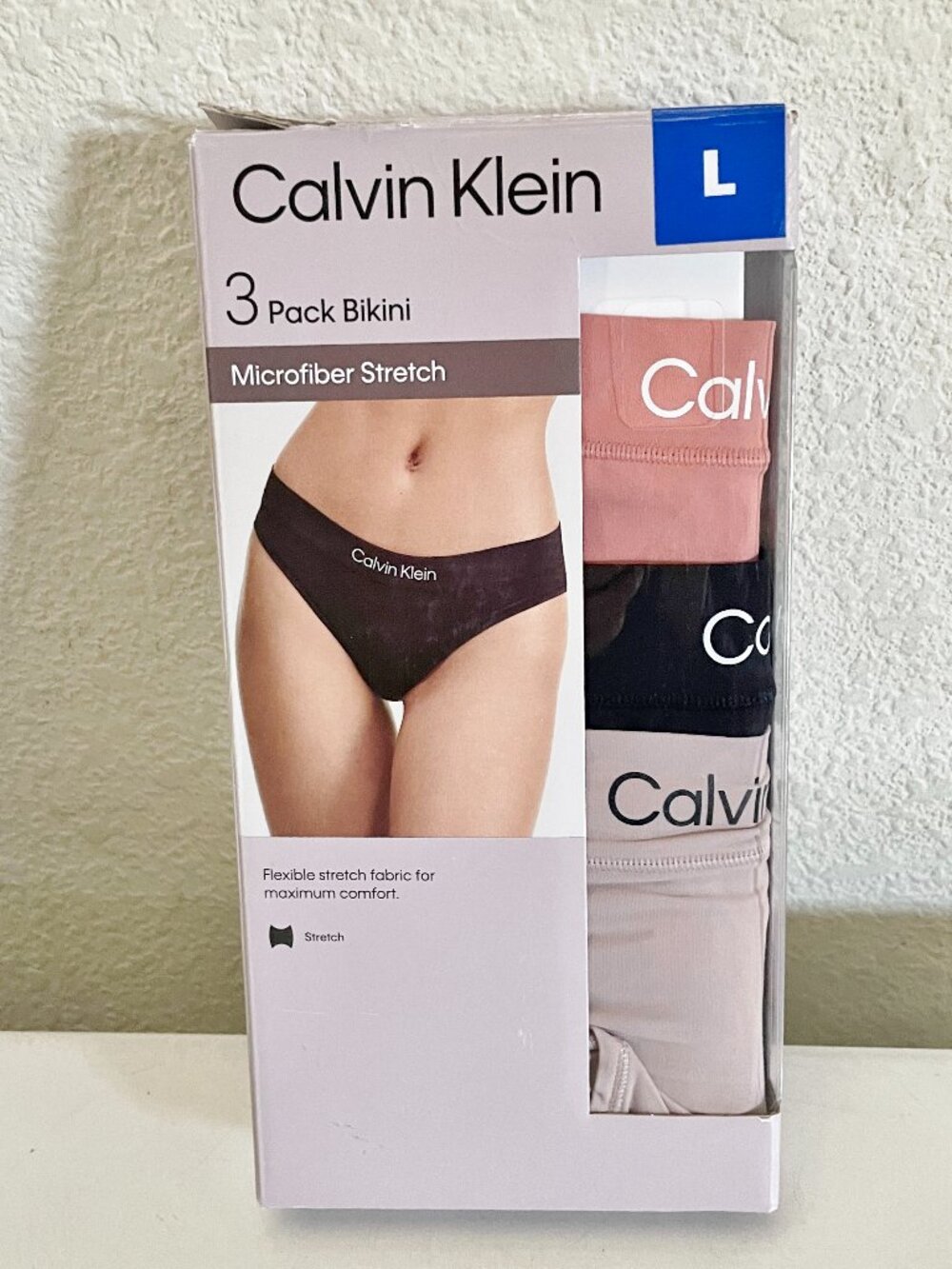 NEW Calvin Klein 3 Pack Bikini Panties L LOGO Microfiber Stretch Underwear